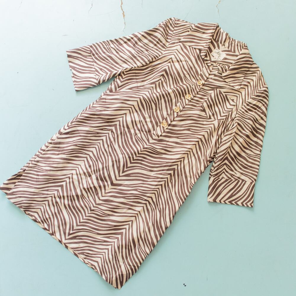 Milly of NY Vintage Y2K 100% Silk Brown Zebra Print Button Shirt Dress Size 8